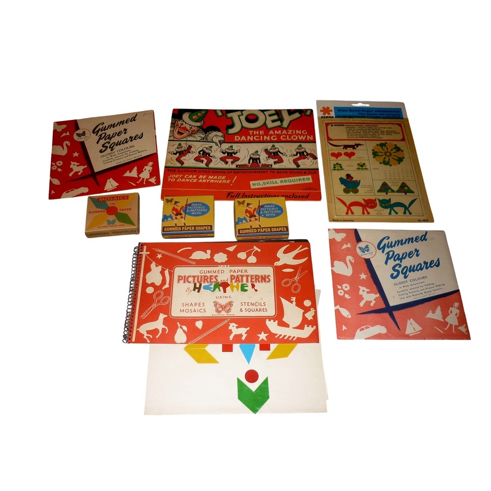 Vtg Paper Ephemera Craft Lot Butterfly Brand Gummed Shapes Dancing Clown Joey